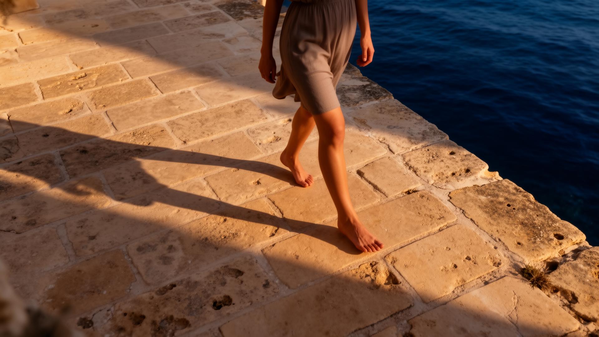 Barefoot walk on Maltese limestone at golden hour